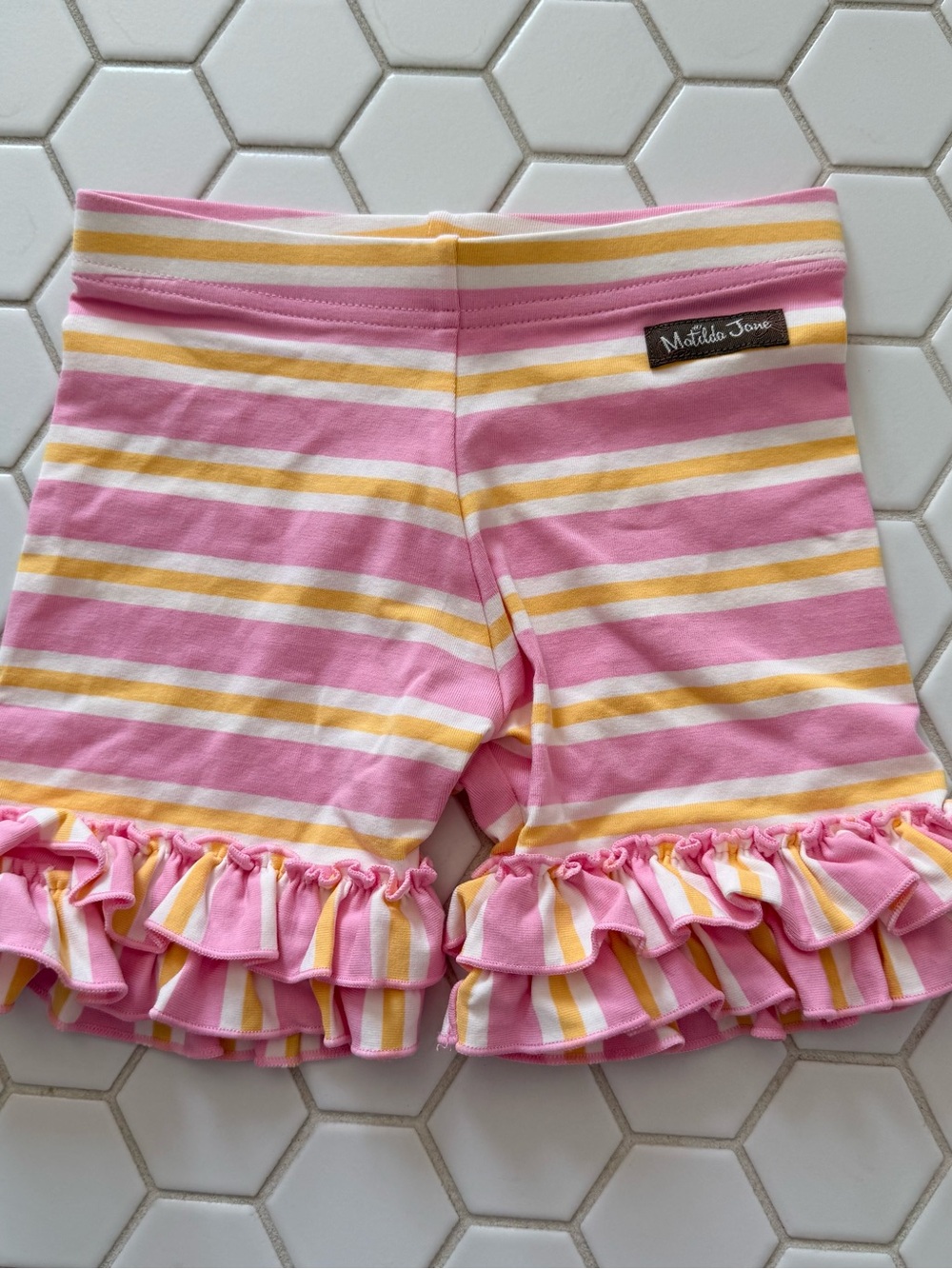 Matilda Jane Pink & Yellow Striped Ruffle Knit Shorts
